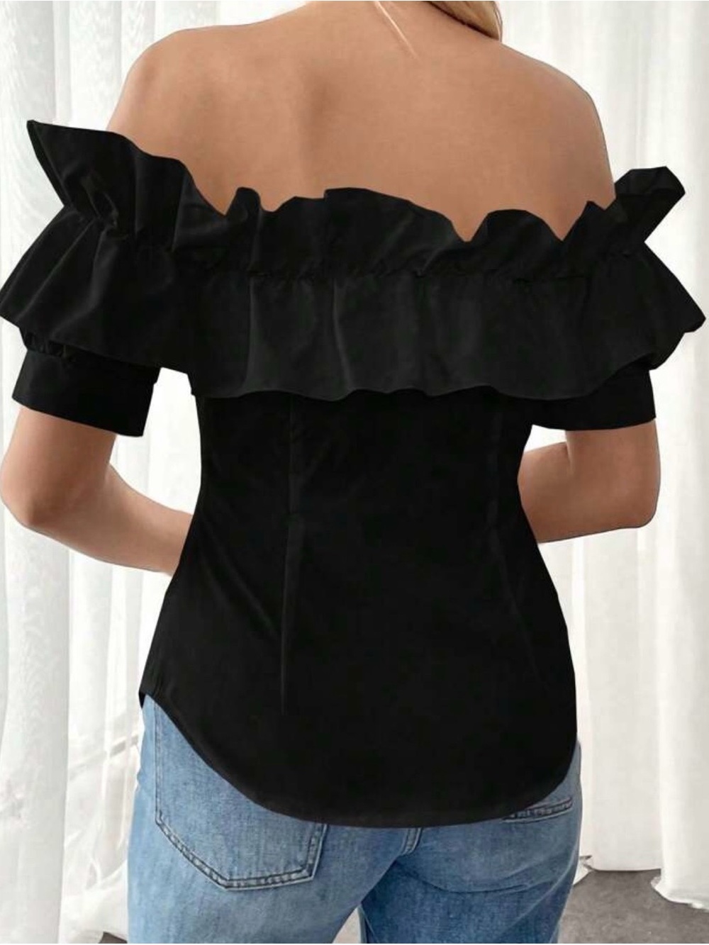 SHEIN Black Ruffle Button-Down Off-Shoulder Top - Picture 3 of 3